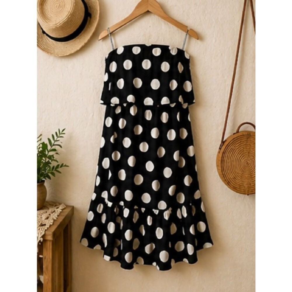 Xhilaration Black‎ & White Polka Dot Bandeau Frill Strapless Dress XS